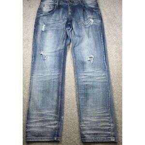 Copper Rivet Slim Fit Jeans Mens 38x32 Blue Distressed Whiskered Denim Pants